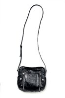 Black handbag with riverts and zipper on white background