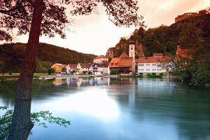 View of Naab river and medieval village of Kallmunz, Bavaria, Germany