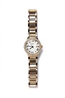 Golden wrist watch with zirconia on white background