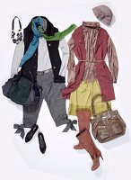 Men and woman winter clothing, handbags and accessories on white background