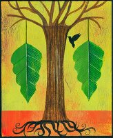 Illustration two large leaves hanging on either side of tree symbolizing zodiac sign Libra