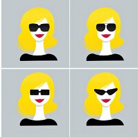 Illustration of woman wearing different types of sunglasses, multiple image