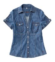 Denim shirt with patch pocket on white background