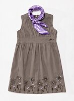 Brown dress with floral embroidery and blue silk scarf