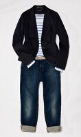 Black blazer, blue striped T-shirt with jeans and belt on white background