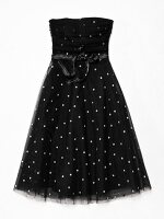 Black corset dress with tulle and silver dots on white background