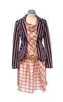 Striped blazer, checked dress with drawstring belt and leather clasp on white background