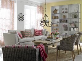 Country style living room with wicker and wood furniture