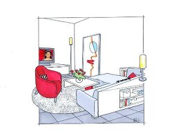 Wohnzimmer, Platzierung des Sofas, Couch mit Stauraum, Illustration