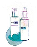 Zwei gezeichnete Kosmetiktiegel mit Aufschrift "Night" und "Day"