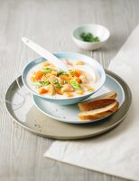 Fruity chicken gravy with bread on plate