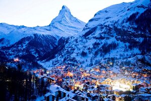 View of Zermatt town at dusk in Valais, Switzerland