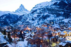 View of Zermatt town at dusk in Valais, Switzerland