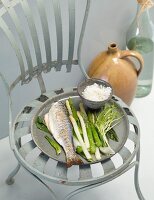Grilled fish with asparagus on plate
