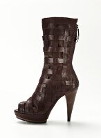 Brown boots with stitched leather lattice on white background