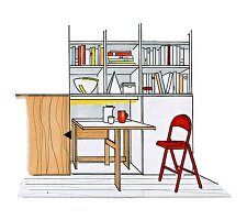 Illustration: Wohnzimmer, Bücherregal, Klapptisch, Stuhl