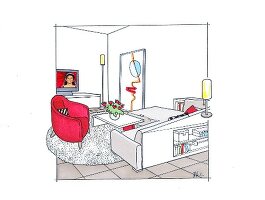Illustration: Wohnzimmer, Ecksofa, Sessel rot, Fernseher
