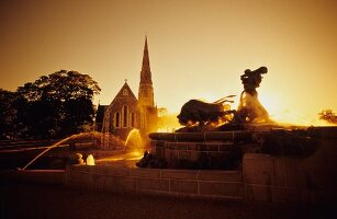 View of St Alban's church and Gefion Springvandet in Copenhagen, Denmark