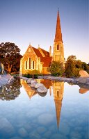 View of St Alban's church and Gefion Springvandet in Copenhagen, Denmark