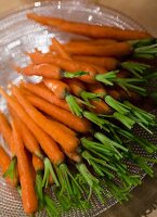 Close-up of several carrots on glass plate