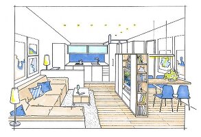 Einraumwohnung, Raumgestaltung: Ferienwohnung, Illustration