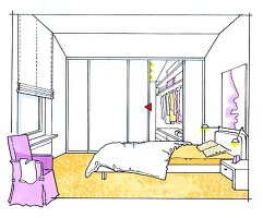 Schlafzimmer, Dachschräge, Schrankwand, quer, Stauraum, Illustration