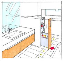 Badezimmer, Raumgestaltung, Stauraum durch Apothekerauszüge, Illustration