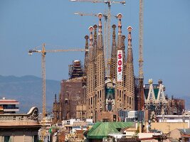View of Sagrada Familia facade with blue sky in Barcelona, Spain