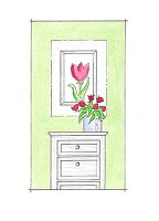 Illustration: Kommode, Tulpenbild, Vase mit roten Tulpen, Grüne Wand