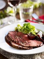 Roast beef with red wine shallots and parsley purée