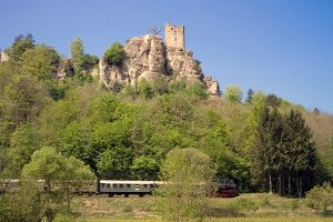 View of train and rock mountain in Franconian Switzerland, Bavaria, Germany