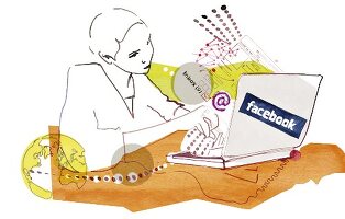 Illu: Frau am Laptop kommuniziert über Facebook