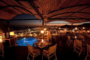 View of restaurant Tuti in Mamara hotel with cityscape at night in Istanbul, Turkey