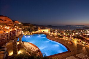 View of restaurant Tuti in Mamara hotel with cityscape at night in Istanbul, Turkey