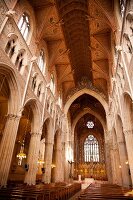 Columns and benches at St. Patrick's Cathedral in Armagh, Ireland, UK