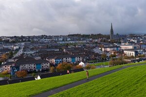View of cityscape of Londonderry at dusk, Ireland, UK