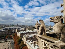 Mythical creatures of Notre-Dame against cityscape of Paris, France
