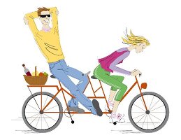 Illu, Paar auf dem Fahrrad, sie strampelt, er relaxt, Machoverhalten