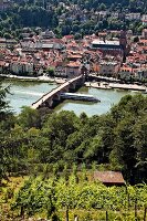 View of Karl-Theodor Old Bridge and cityscape in Heidelberg, Germany