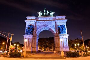 View of illuminated Grand Army Plaza at night, Brooklyn, New York, USA