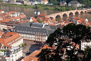 View of rooftops and Karl Theodor Bridge in Heidelberg, Germany