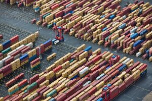 Elevated view of cargo containers at port in Bremerhaven, Bremen, Germany