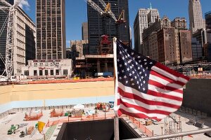American flag and Ground Zero construction site in New York, USA