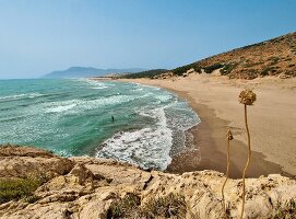 View of dunes and beach with blue sky in Patara, Lycia, Turkey