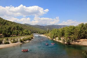 Inflatable boats on river of Koprulu Canyon in Turkey