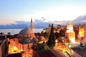 View of illuminated Tekeli Mehmet Pasa Mosque in Antalya, Turkey