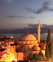 View of illuminated Tekeli Mehmet Pasa Mosque in Antalya, Turkey