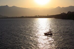 View of boat in sea at sunset in Antalya, Turkey