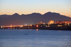 View of sea overlooking city at dusk in Antalya, Turkey