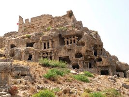 Low angle view of Rock tombs of Myra, Demre, Turkey